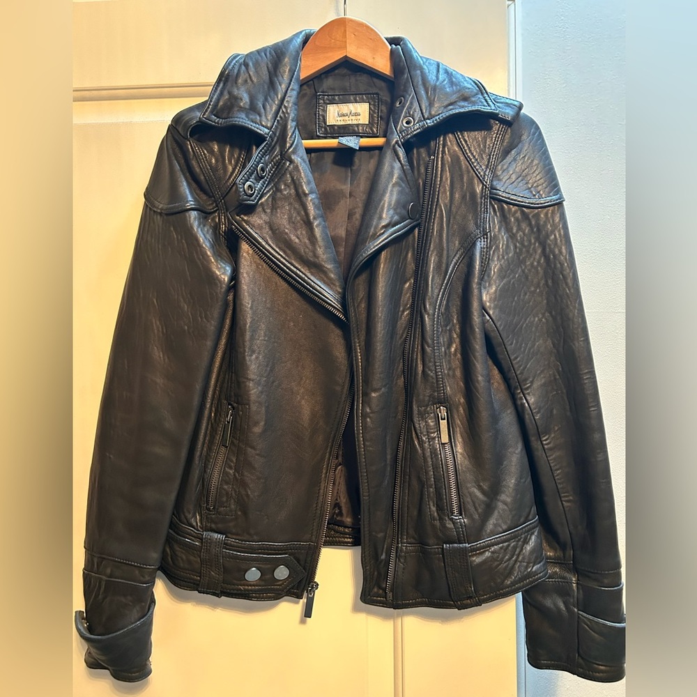 Neiman Marcus black leather motorcycle jacket, size medium.